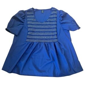 Blue Smocked Short Sleeve Pullover Blouse